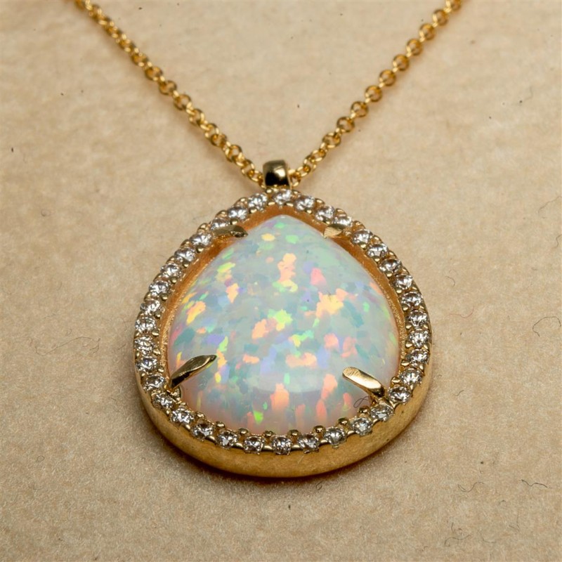 Aquamarine, Opal & Diamond Stars & Moon Necklace 1/6 ct tw 10K Yellow Gold  18